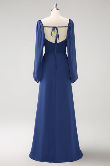 Vaina azul oscuro Cuello cuadrado Gasa de manga larga Vestido largo de dama de honor con abertura